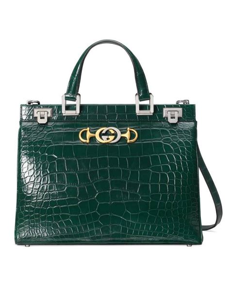 Gucci Zumi Crocodile Medium Top Handle Bag in Green 